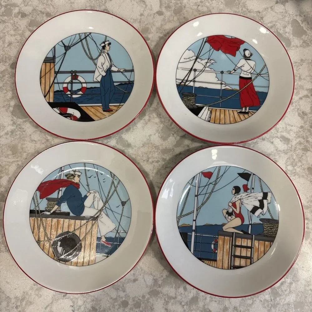 VTG 4 Louis Lourioux French Philippe Deshouliere Plates Mid Century Boating Par